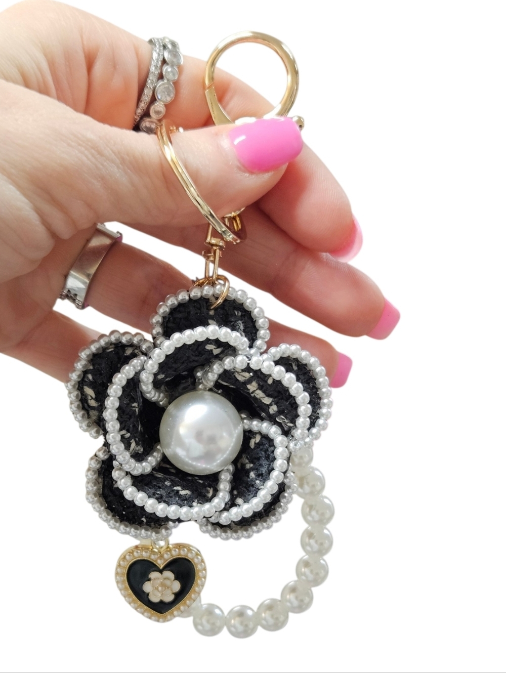 NWOT Pearl & Beaded Black Tweed Flower Bag Charm Keychain